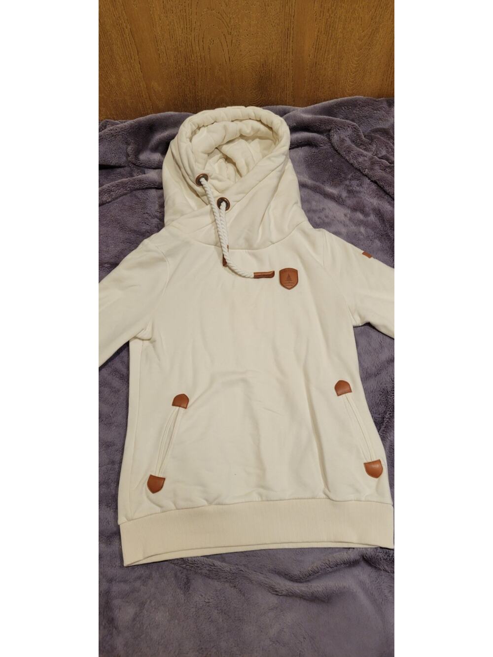 Wanakome Women’s Medium Heathered Ivory Cowl Neck Hoodie Rope Drawstring Winter